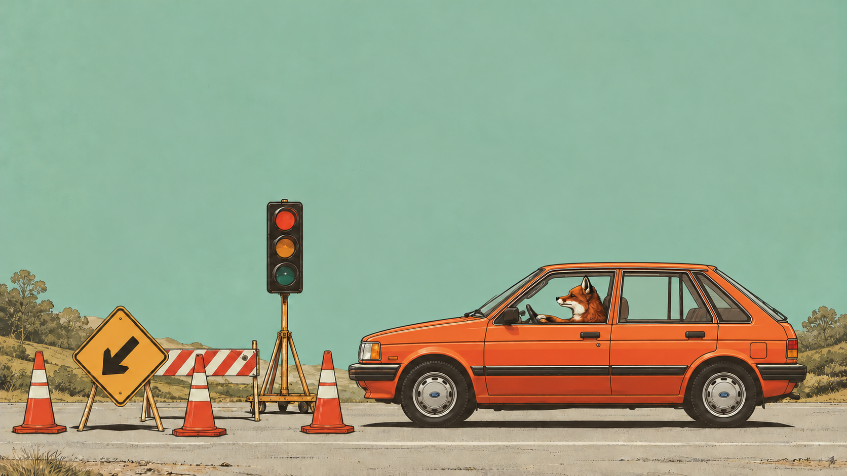 Illustration of a fox driving an orange hatchback up to temporary traffic lights on a lower North Island road