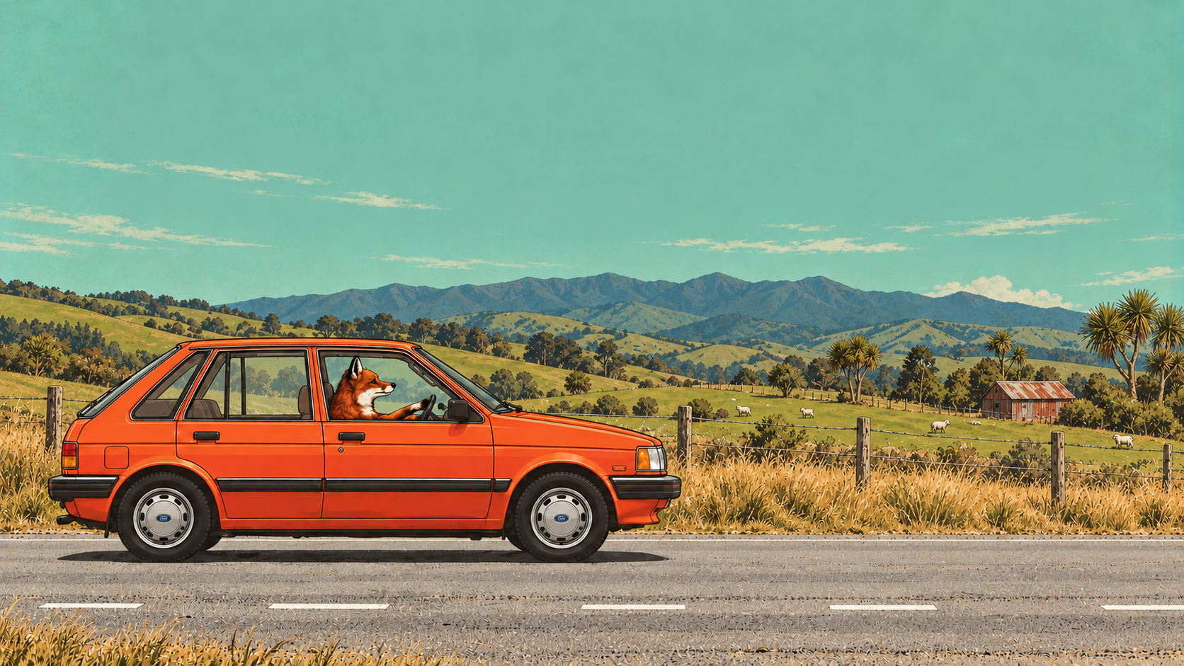 Illustration of a fox driving an orange hatchback along a Wairarapa country road with rolling hills, sheep and a red barn